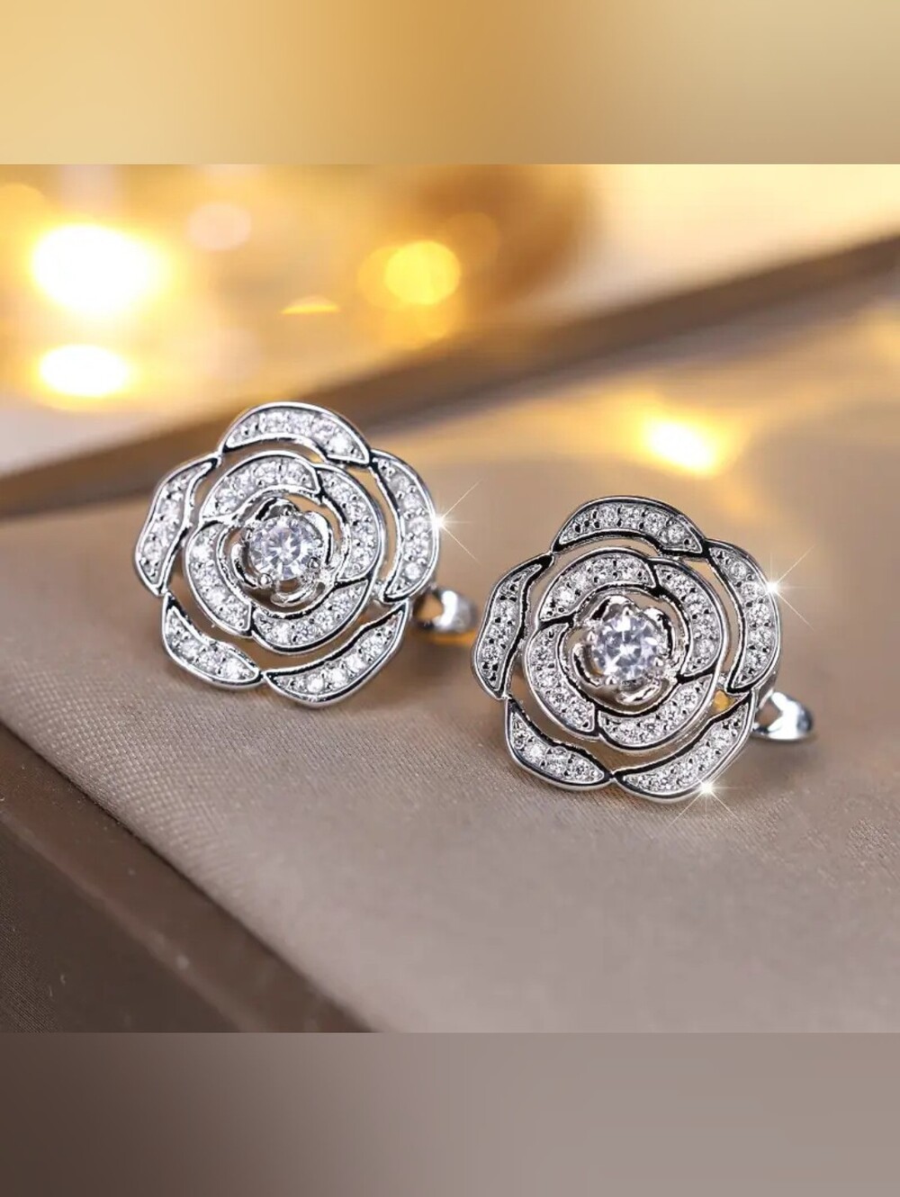 White Rhodium Crystal Flower Stud Earrings